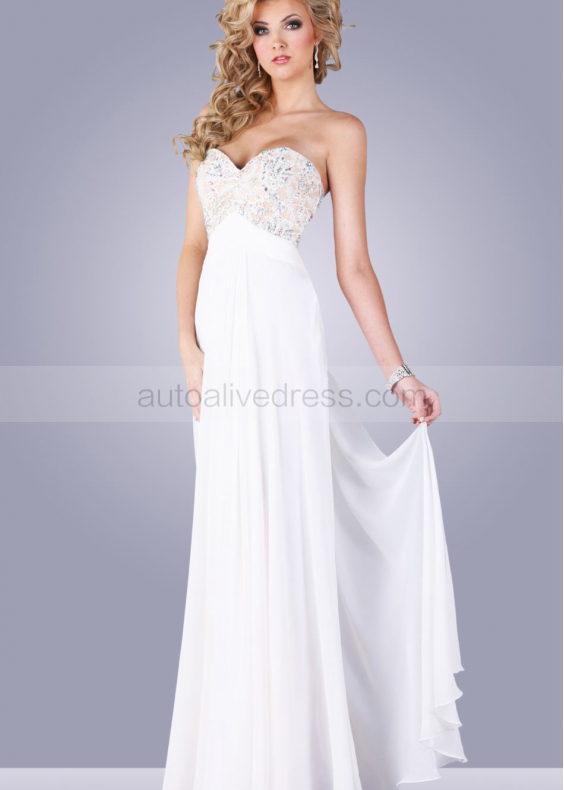 Strapless Ivory Lace Chiffon Beaded Cross Back Prom Dress